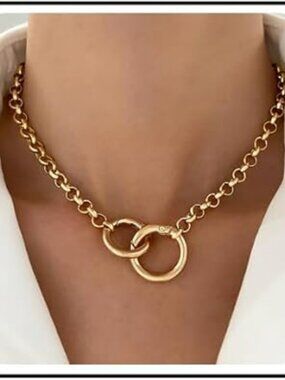 Gold Chunky Choker Necklace Interlocking Circle Pendant Double Infinity Circle